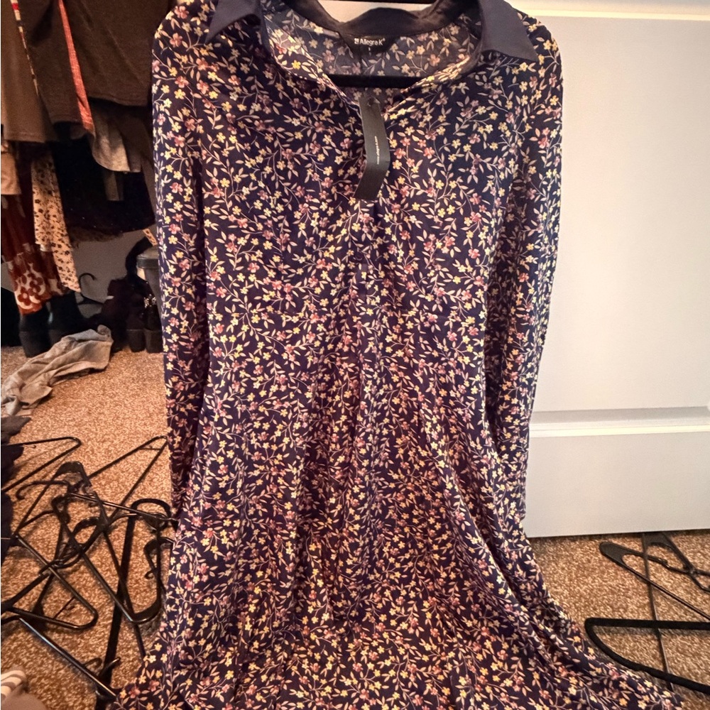 Allegra K Floral Long Sleeve Dress - Navy and Yellow
